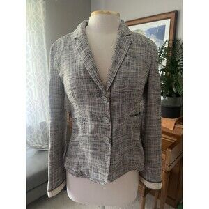 ARMANI COLLEZIONI Blazer Jacket, Black White Linen Blend, Pockets, Lined, Size 6